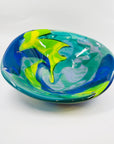 1987 HAND MADE HARLEQUIN CAMEO GREEN BLUE BASE SPATTER ART GLASS XL BOWL BY JOHN MACPHERSON