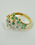 1950s 14K YELLOW GOLD DIAMOND EMERALD LEOPARD RING WITH RUBY EYES