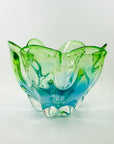 LARGE 1970s JAPANESE GREEN TURQUOISE BLUE SOMMERSO GLASS HANDKERCHIEF VASE/BOWLL