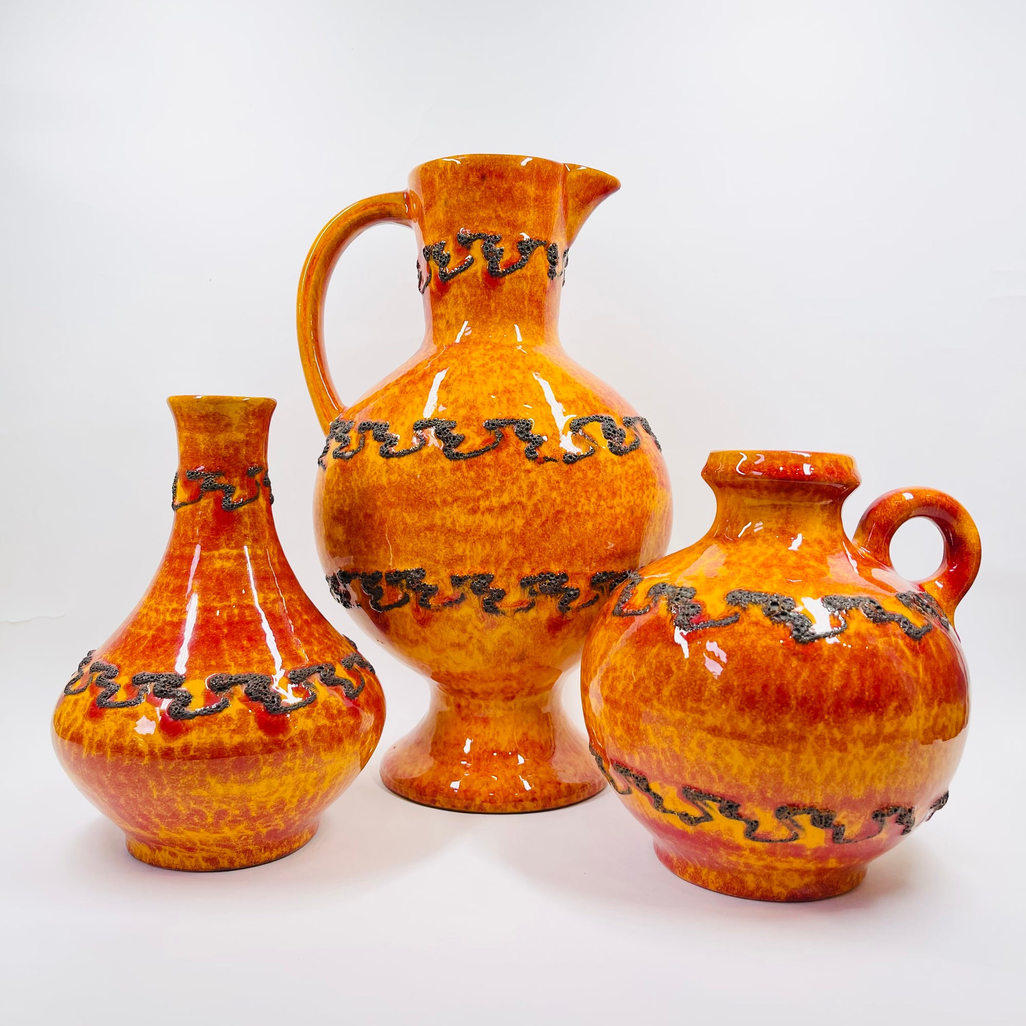 1960s WEST GERMAN ORANGE FAT LAVA ROUND POTTERY JUG VASE BY KREUTZ KERAMIK