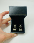 1990s LIMITED EDITION CHANEL MINIATURE BAGS PIERCED EARRINGS WITH ENAMEL LOGO AND SEED PEARLS