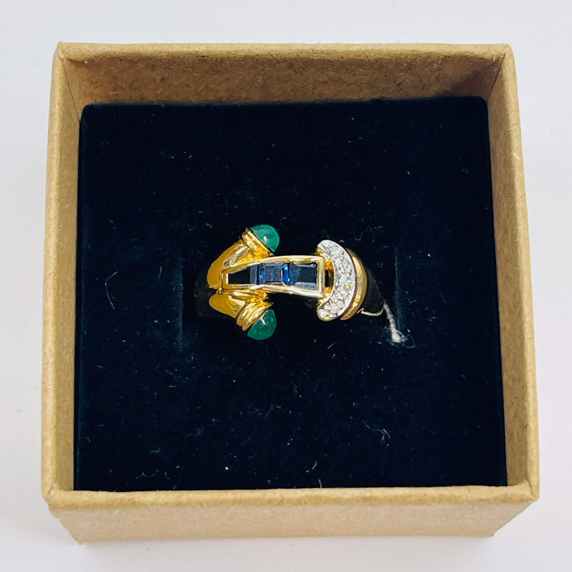1940s 18k YELLOW GOLD BLUE SAPPHIRE EMERALD DIAMONDS PAVE TANK RING
