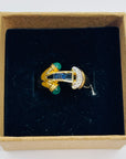 1940s 18k YELLOW GOLD BLUE SAPPHIRE EMERALD DIAMONDS PAVE TANK RING