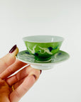 ANTIQUE HAND PAINTED JAPANESE CRANE FINE BONE PORCELAIN MINI SAKE CUP & SAUCER