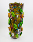 LARGE 1980s MURANO CASED WHITE GREEN MURRINE FLORAL APPLIQUE VASE