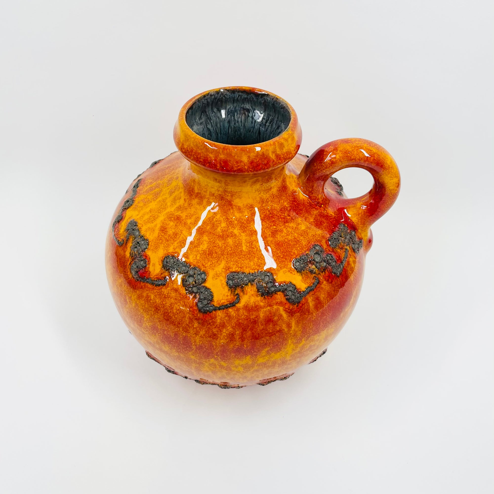 1960s WEST GERMAN ORANGE FAT LAVA ROUND POTTERY JUG VASE BY KREUTZ KERAMIK