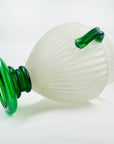 LARGE ANTIQUE ART DECO MURANO SCAVO FOOTED WHITE ACID GLASS VASE WITH GREEN HANDLES