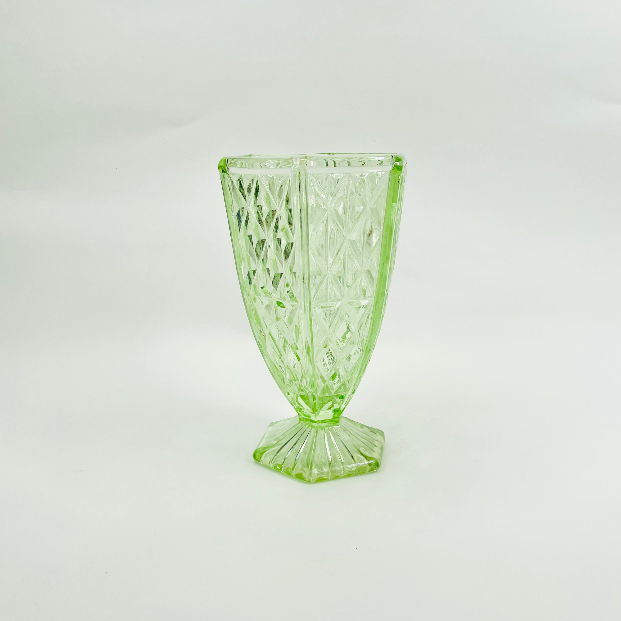 ANTIQUE ART DECO PRESSED GREEN DEPRESSION GLASS VASE