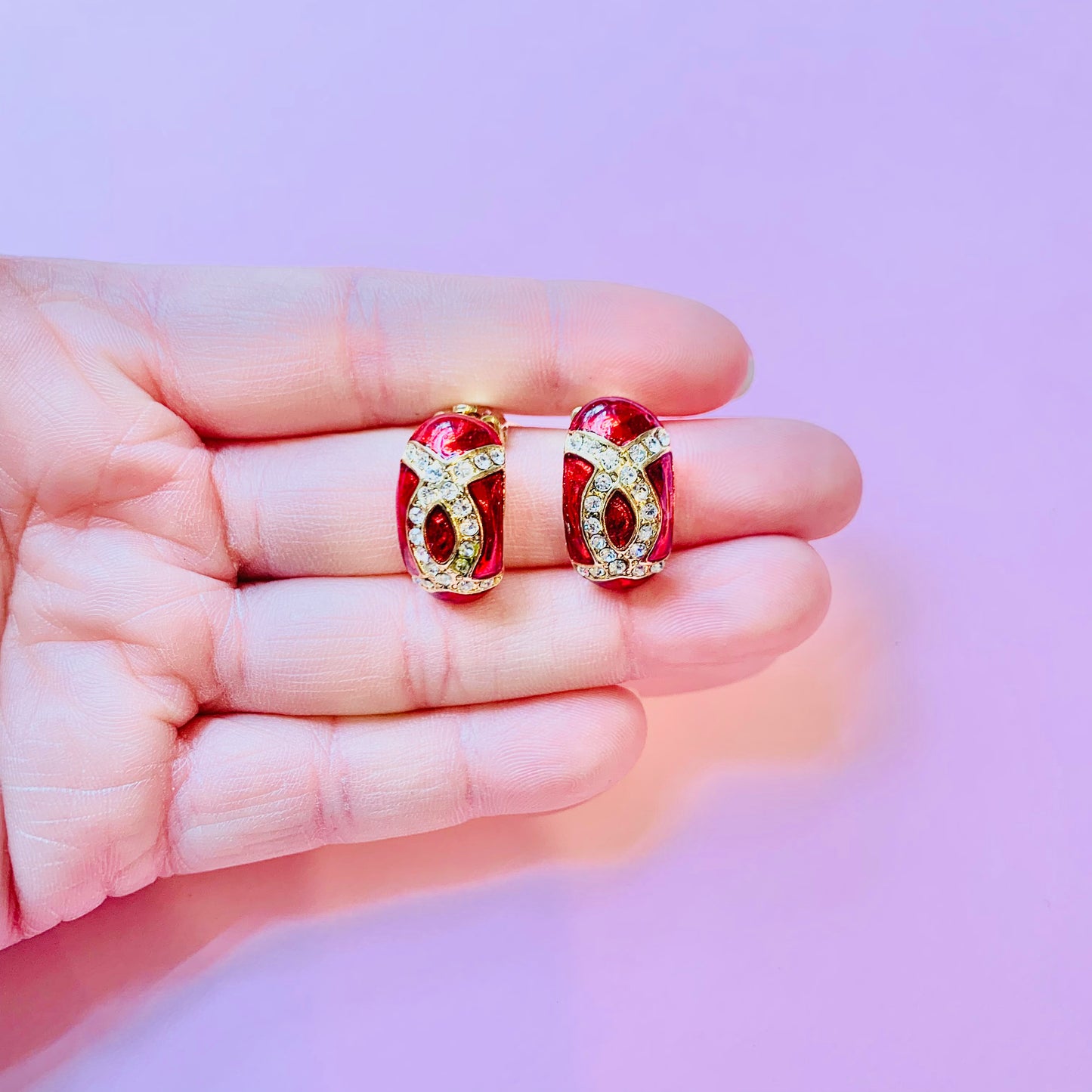 1950s Italian red enamel half hoop clip on earrings