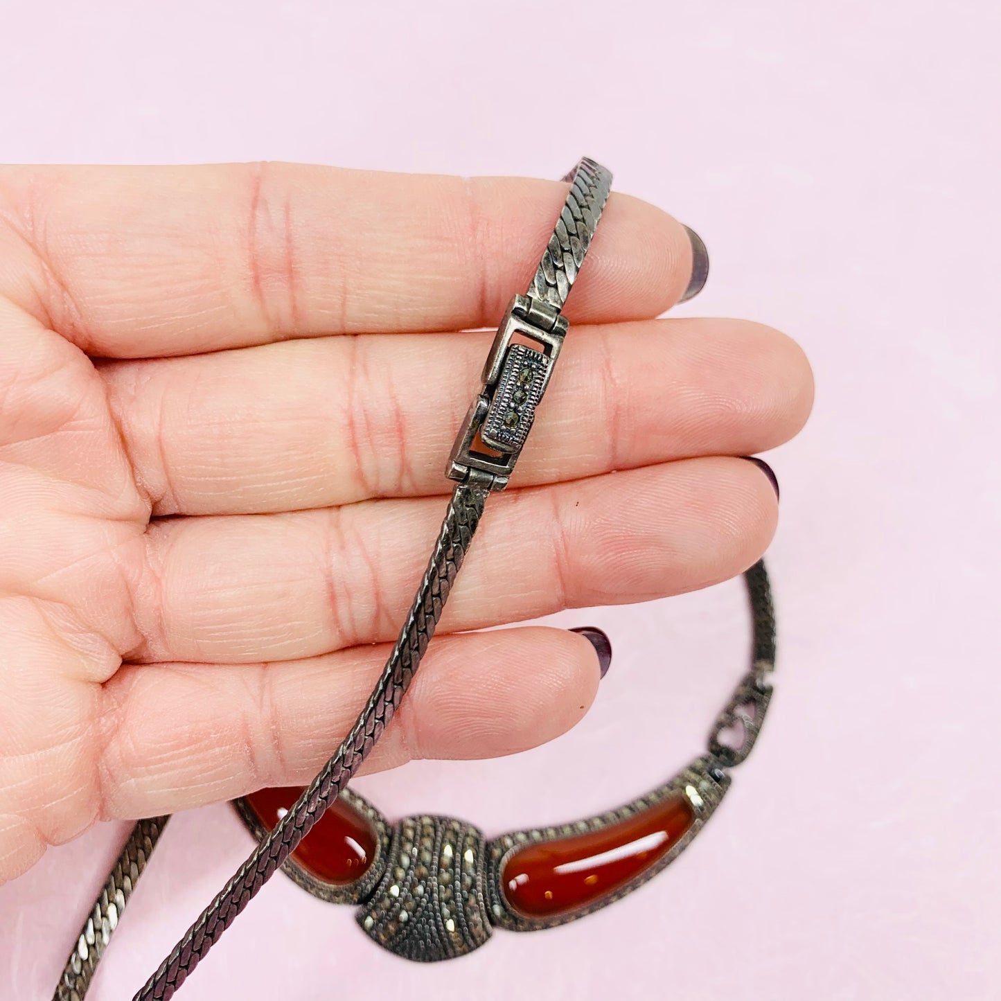 SILVER RED JADE MARCASITE NECKLACE