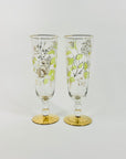 Midcentury hand painted Bohemian glass champagne flutes with gold gilding