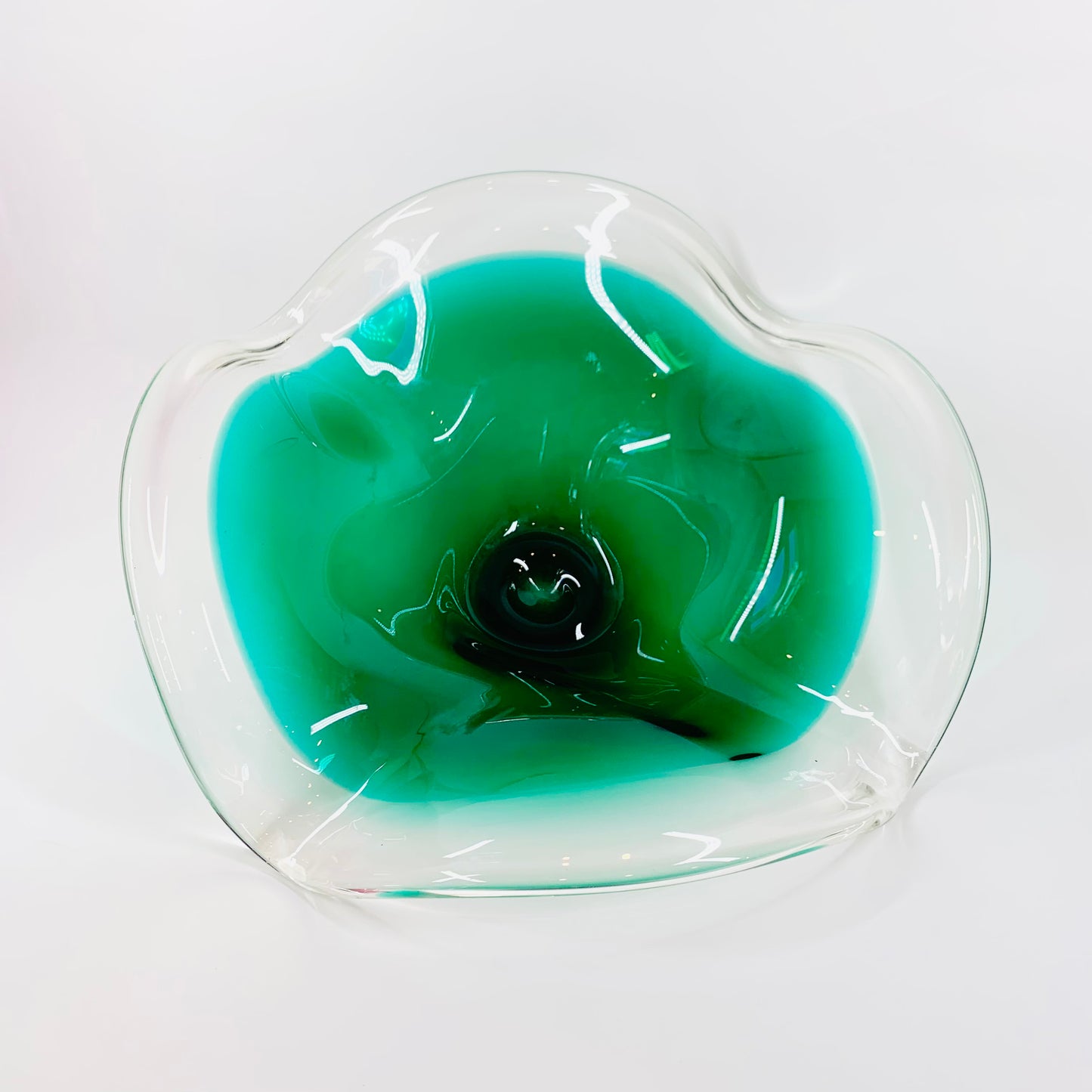 Large ruffle edge MCM Murano emerald green glass bowl