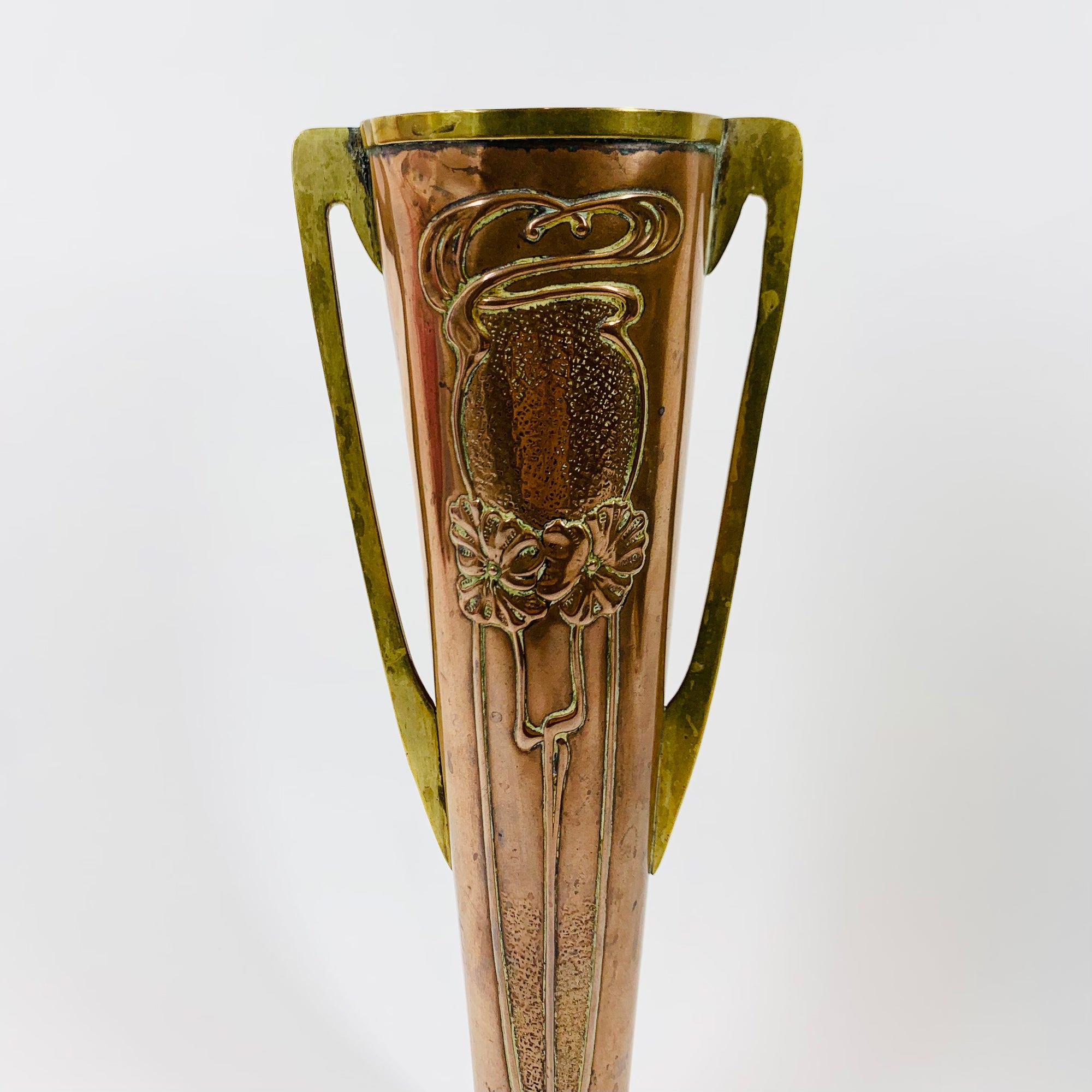 Antique Art Nouveau Beldray vase with floral motif