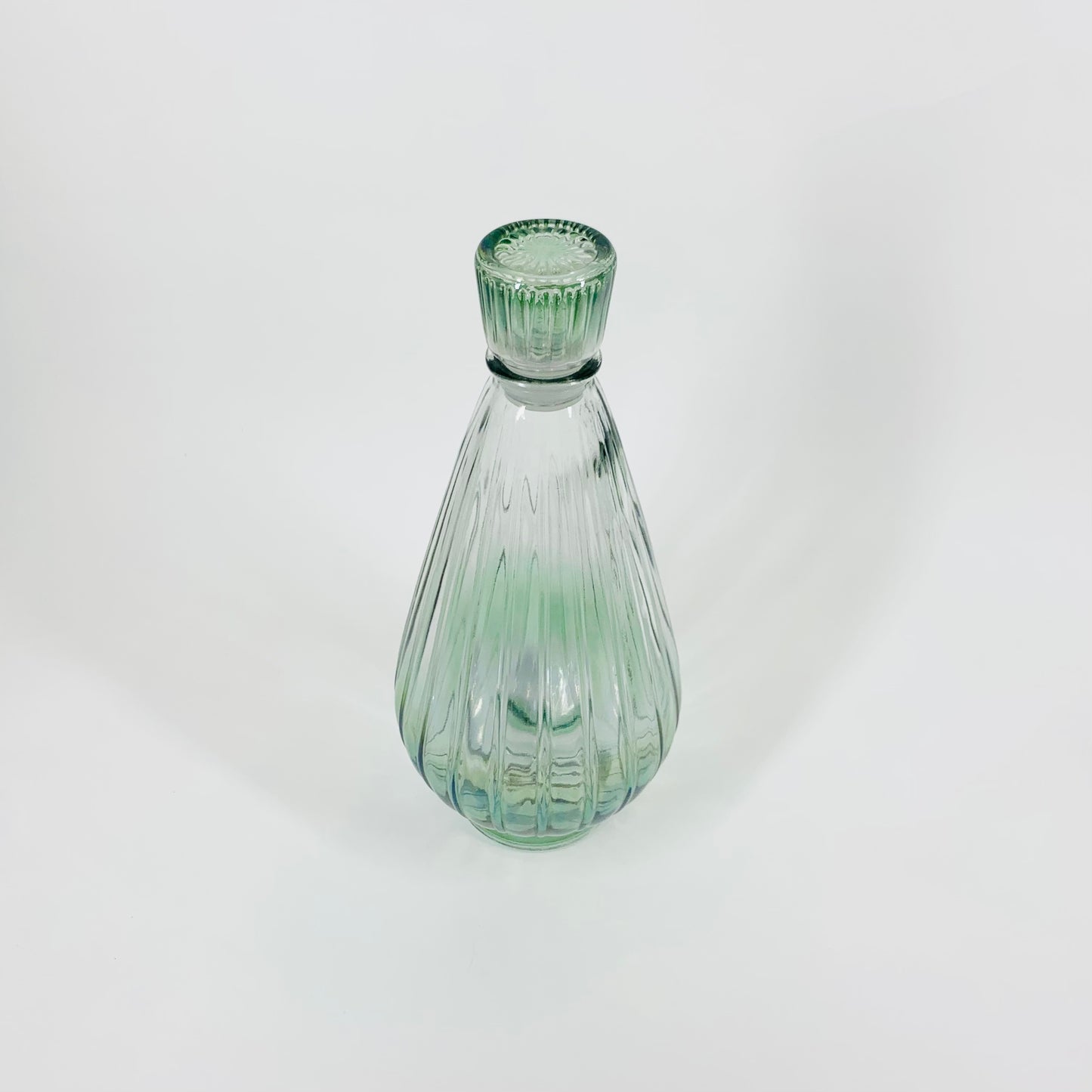 Extremely rare Midcentury American iridescent harlequin pressed glass decanter and matching glasses set