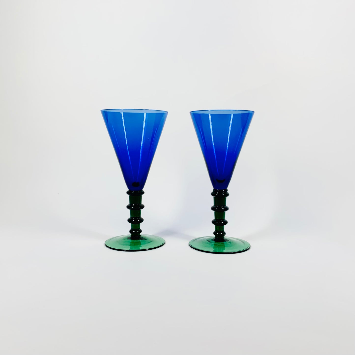 Extremely rare antique emerald green blue short stem conical glasses