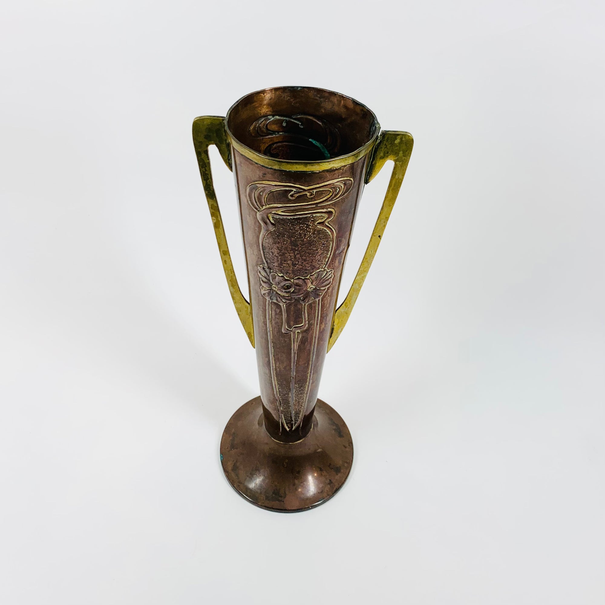 Antique Art Nouveau Beldray vase with floral motif