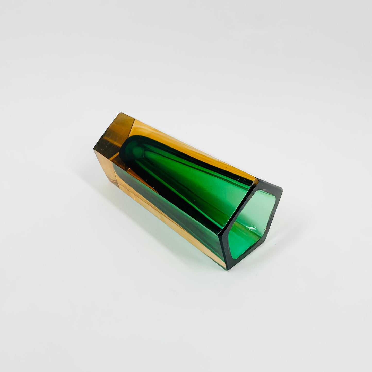 Rare MCM green & amber Murano sommerso block glass vase by Mandruzzato