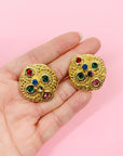 1980s tutti fruitti rhinestones filigree clip on button earrings