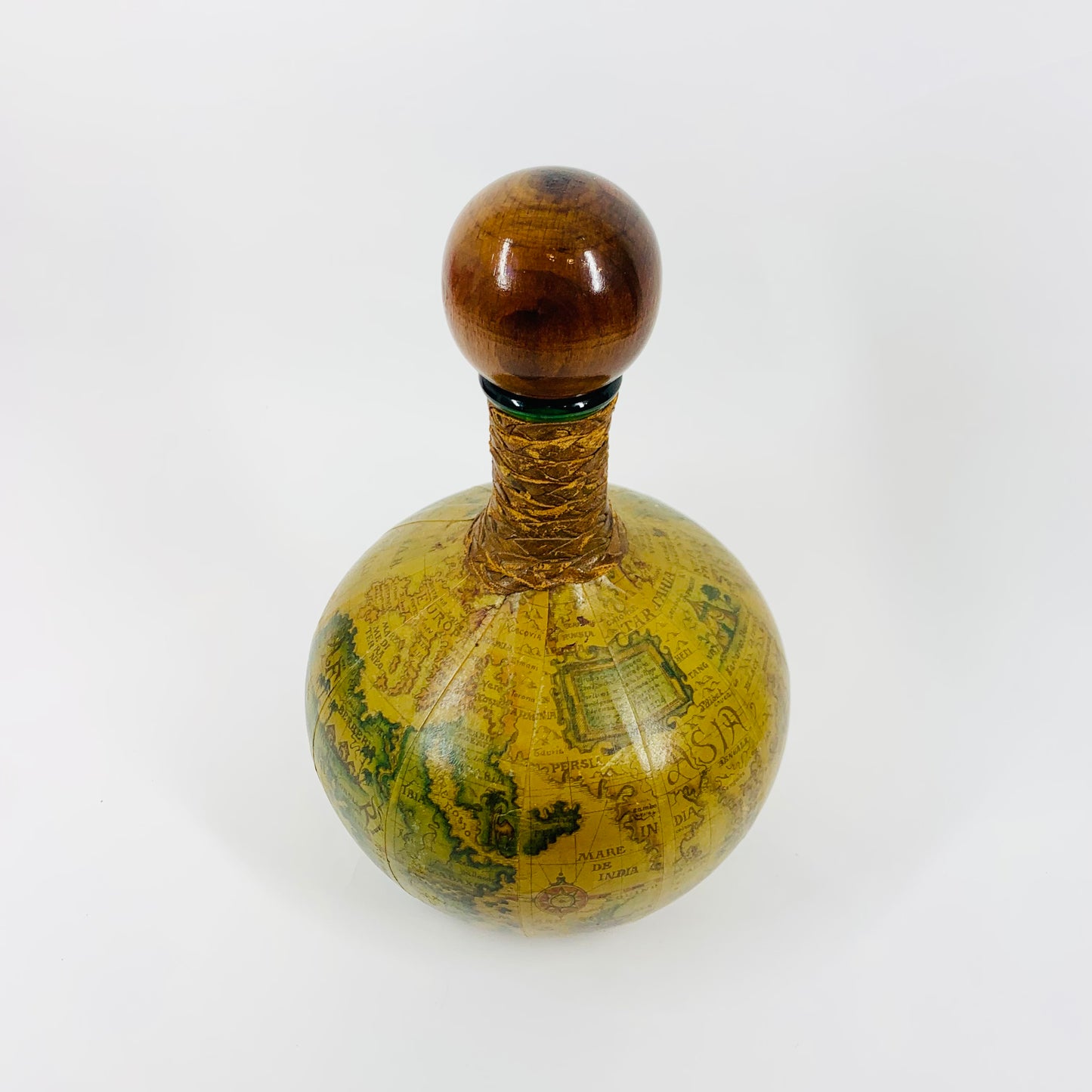 Midcentury Italian leather map bound green glass decanter