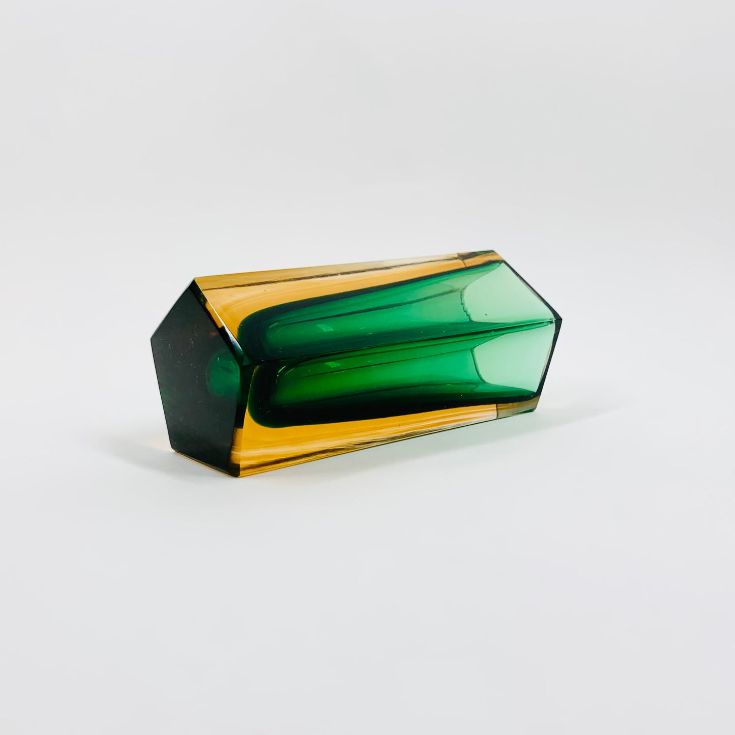 Rare MCM green & amber Murano sommerso block glass vase by Mandruzzato