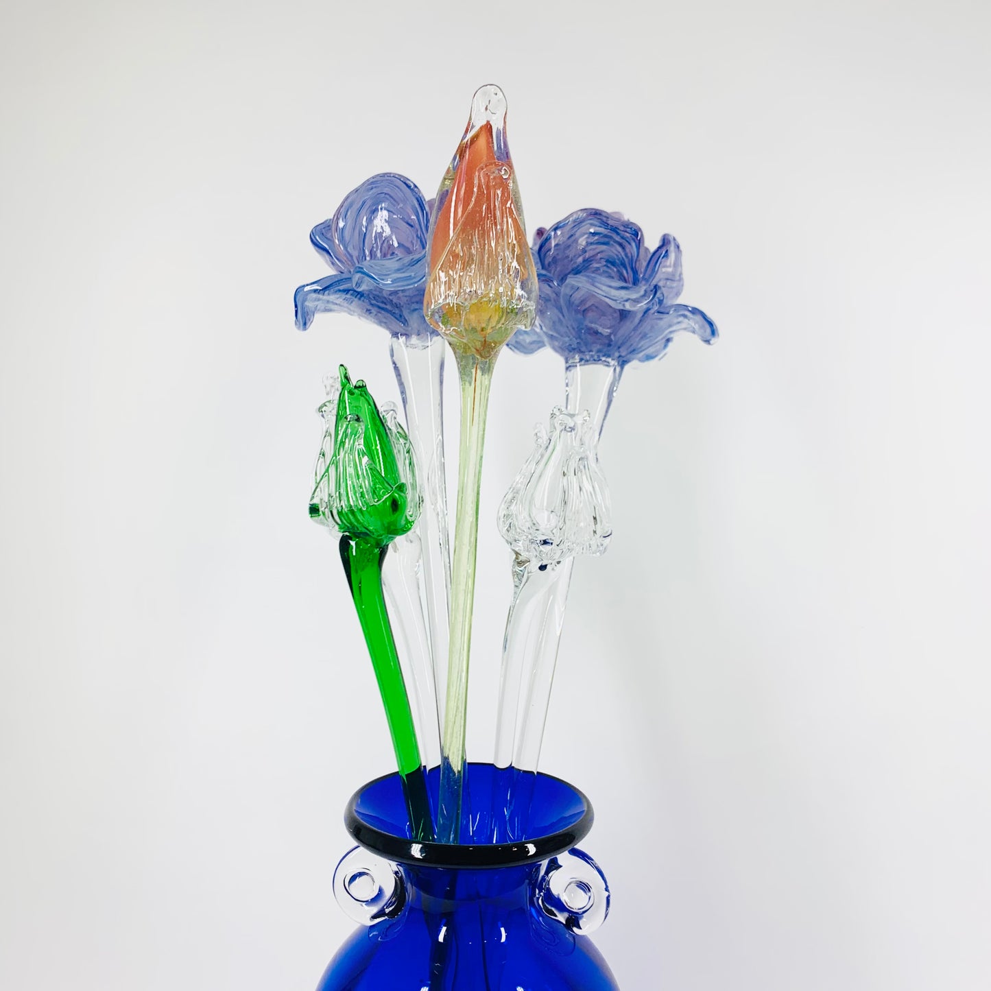Mouth blown Murano art glass flower on long glass stem