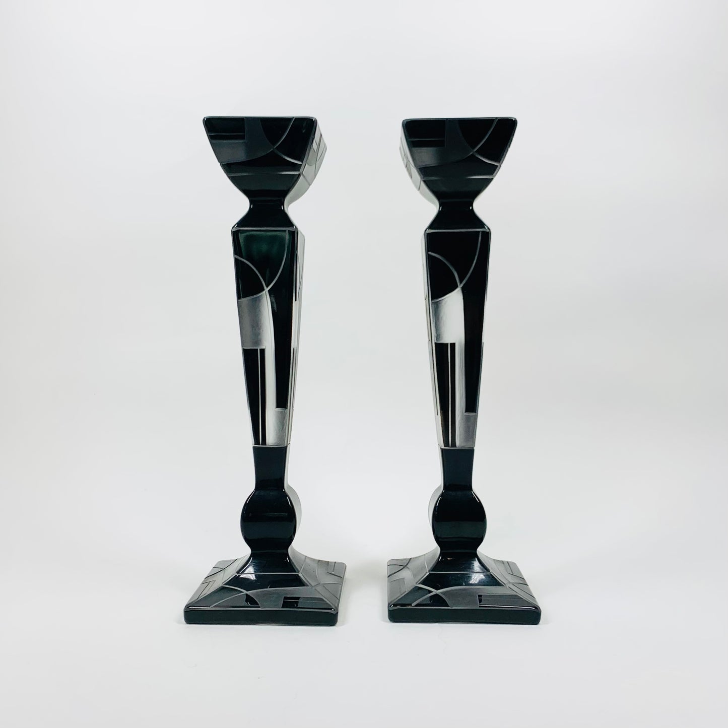 Extremely rare antique Art Dece black enamel frosted glass silver candle sticks by Karl Palda