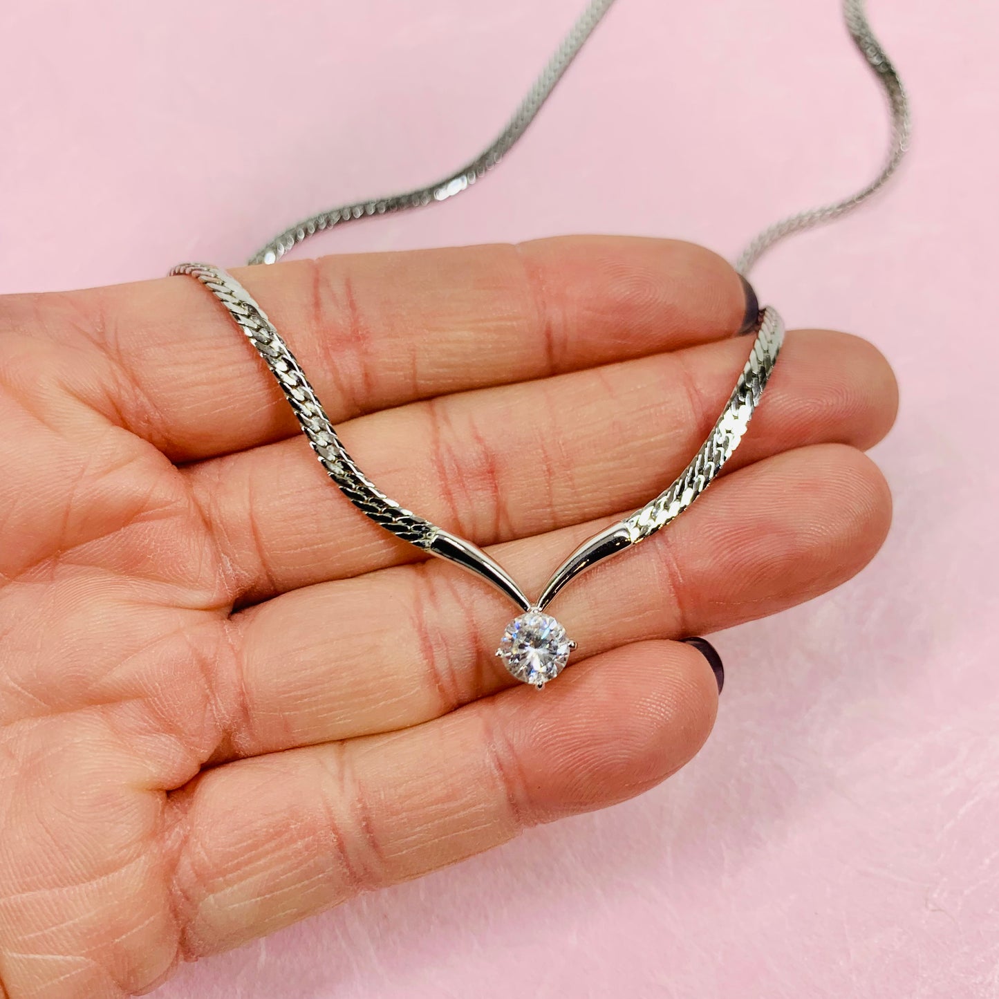 1980s Avon costume silver plated necklace with solitaire chevron pendant