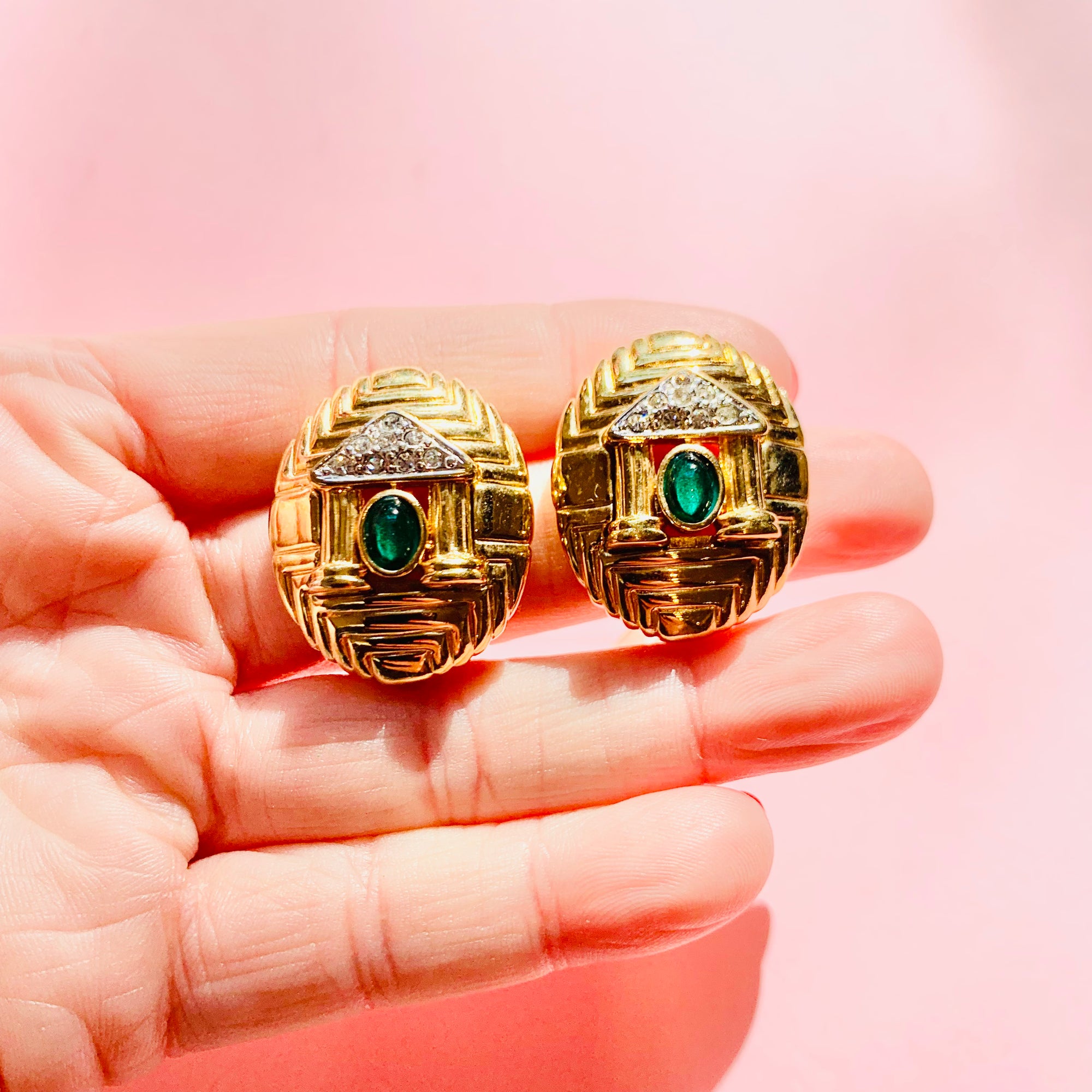 Extremely rare 1940s gold plated clip on earrings with green cabochon paste