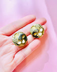 1960s Barcs triple plated gold clip on button earrings with grooves and crystals