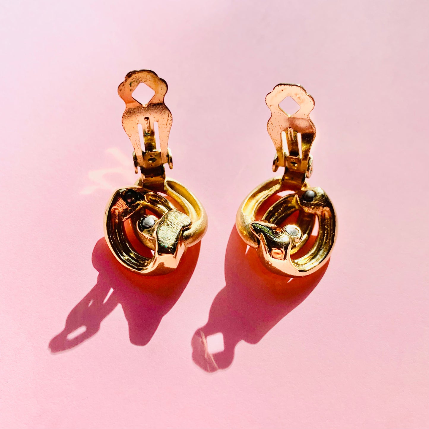Rare 1960s French triple gold plated half matte rope knot clip on earrings