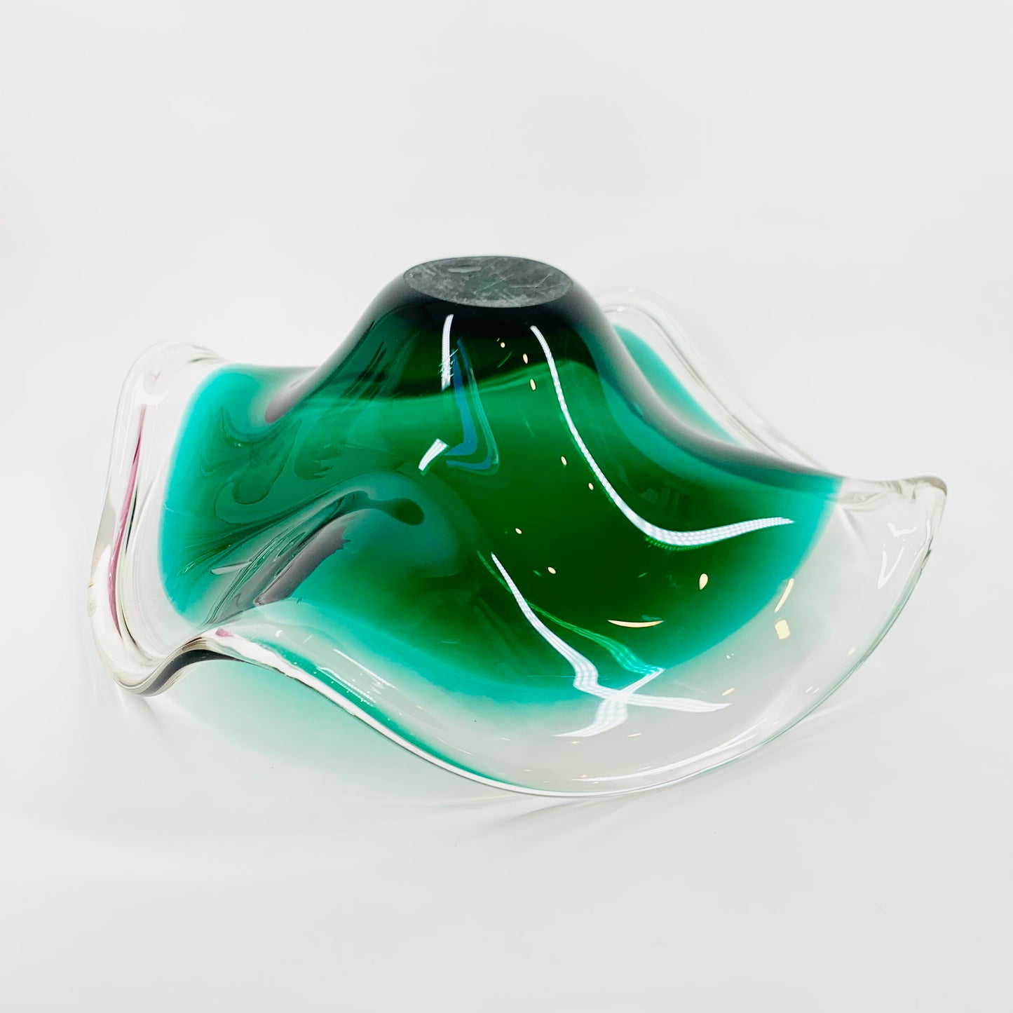 Large ruffle edge MCM Murano emerald green glass bowl