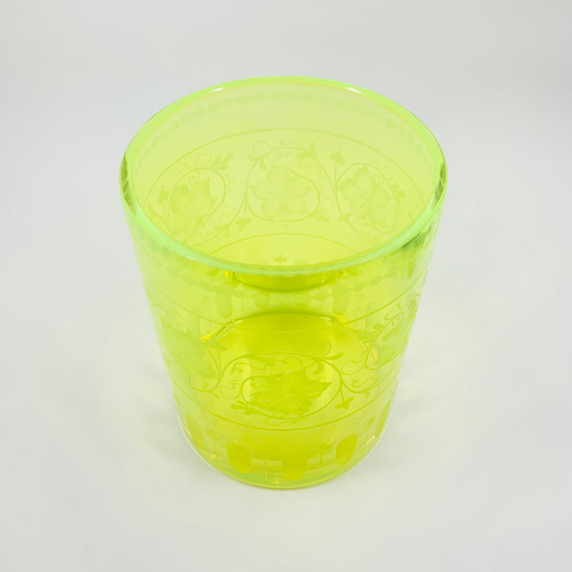 ETCHED URANIUM GLASS VASE