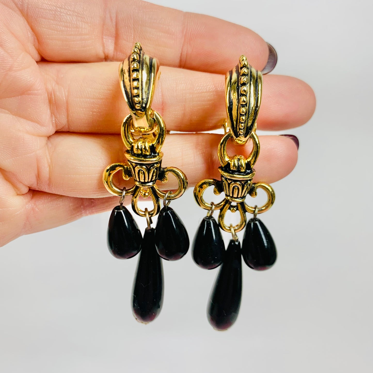 1960s fleur de lis drop earrings with black droplet beads