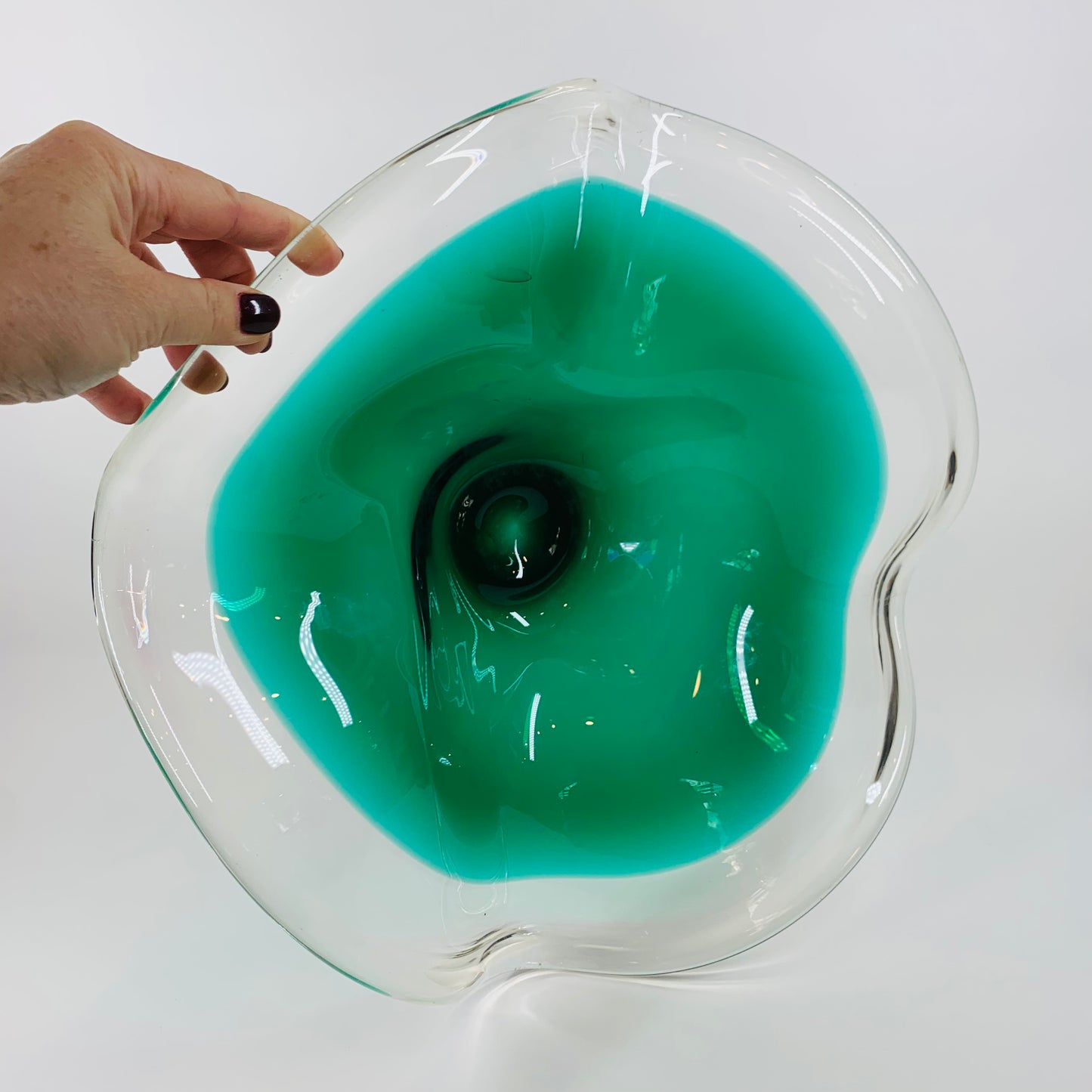 Large ruffle edge MCM Murano emerald green glass bowl