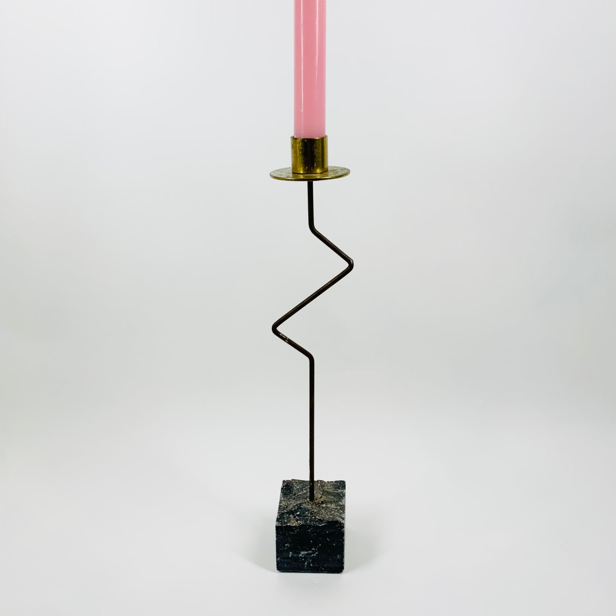 80s Memphis brass nickel abstract candle holder on granite base