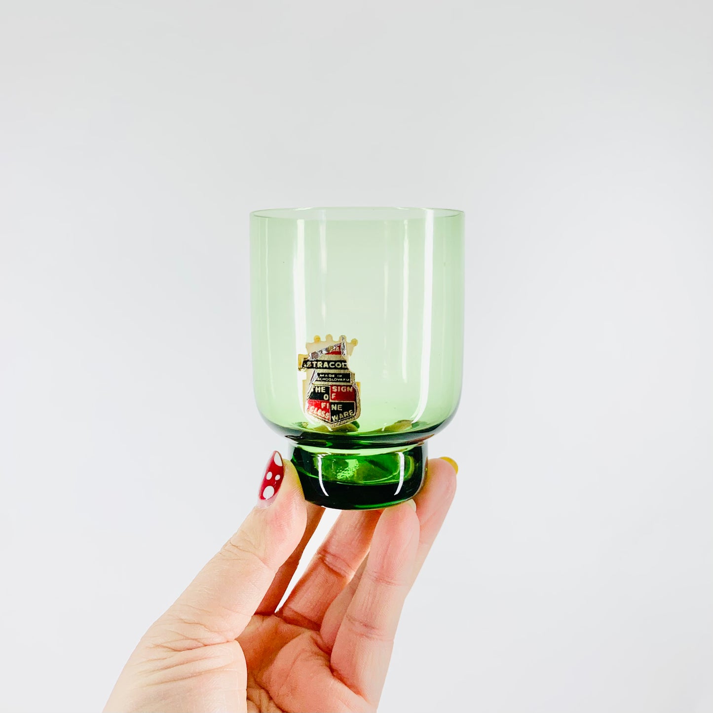 Midcentury hand made Bohemian astra colour green glass tumblers