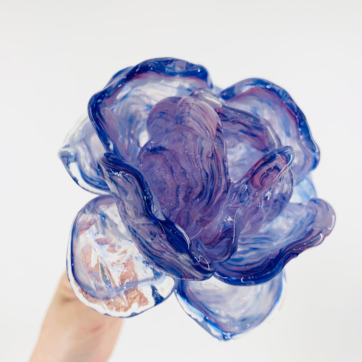 Mouth blown Murano art glass flower on long glass stem