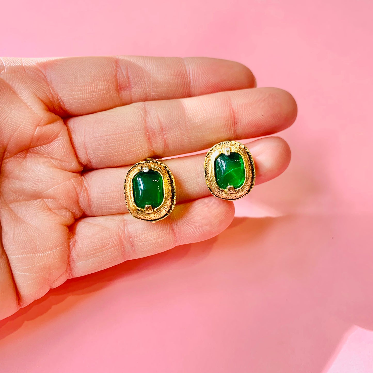 1960s brass nickel clip on earrings with green pastes