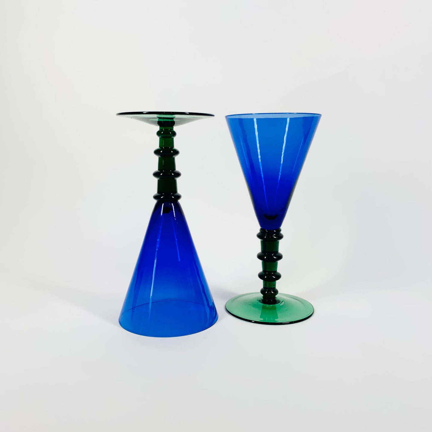 Extremely rare antique emerald green blue short stem conical glasses