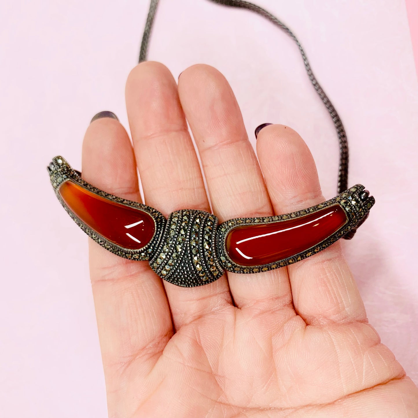 SILVER RED JADE MARCASITE NECKLACE