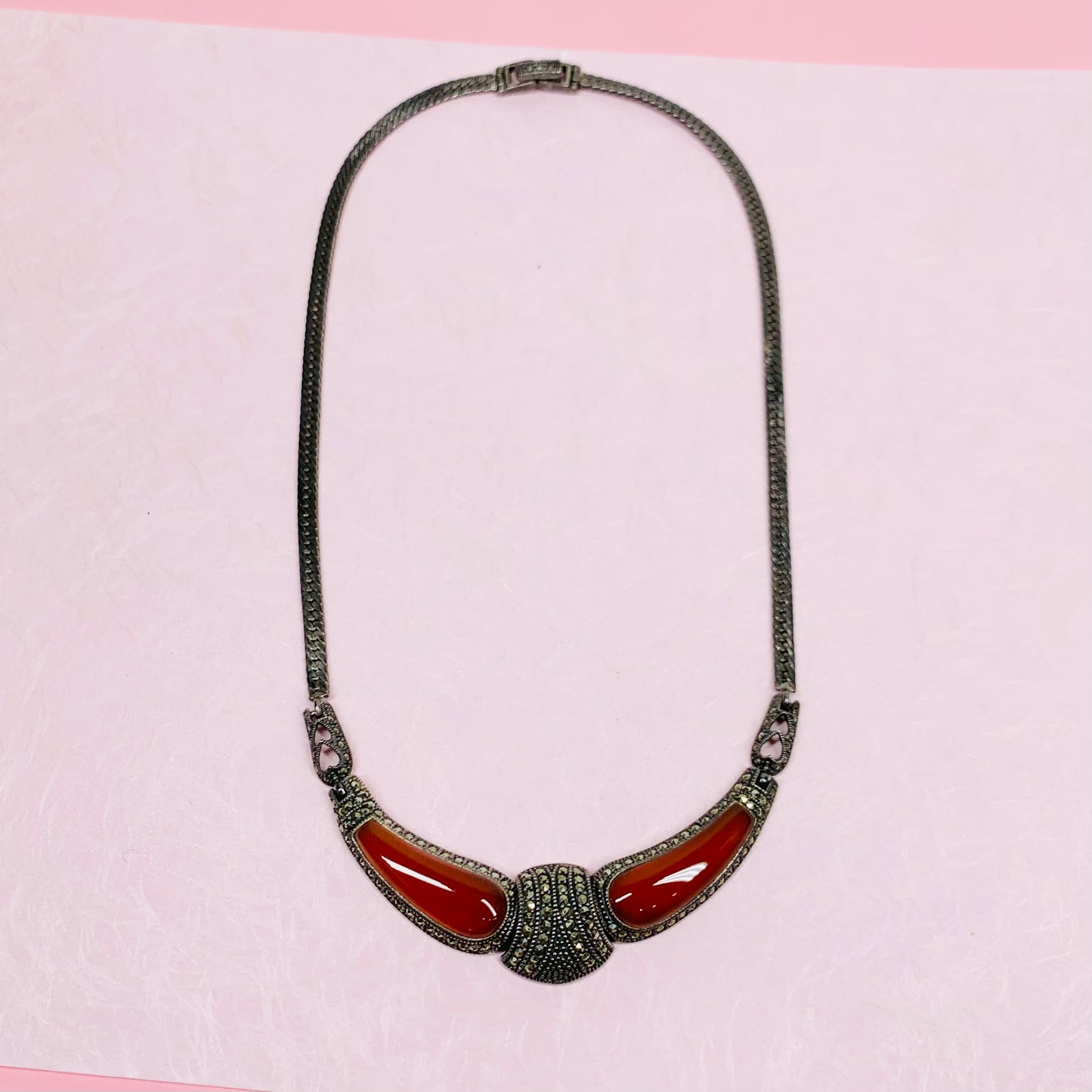 SILVER RED JADE MARCASITE NECKLACE