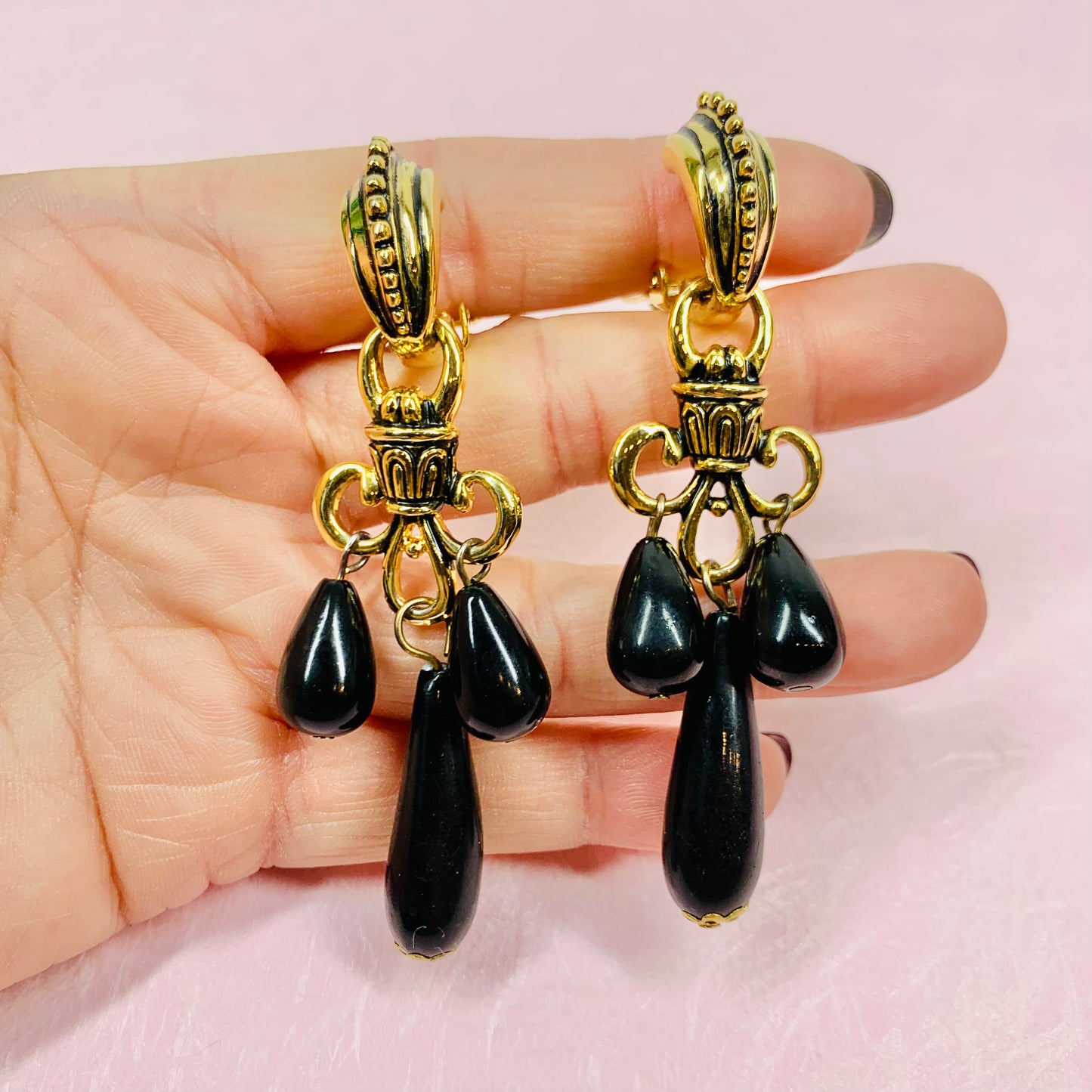 1960s fleur de lis drop earrings with black droplet beads
