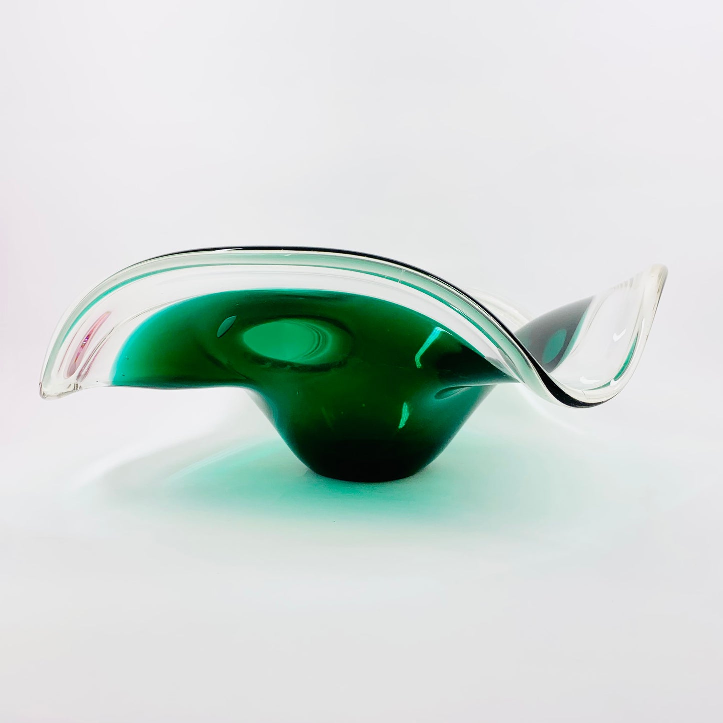 Large ruffle edge MCM Murano emerald green glass bowl