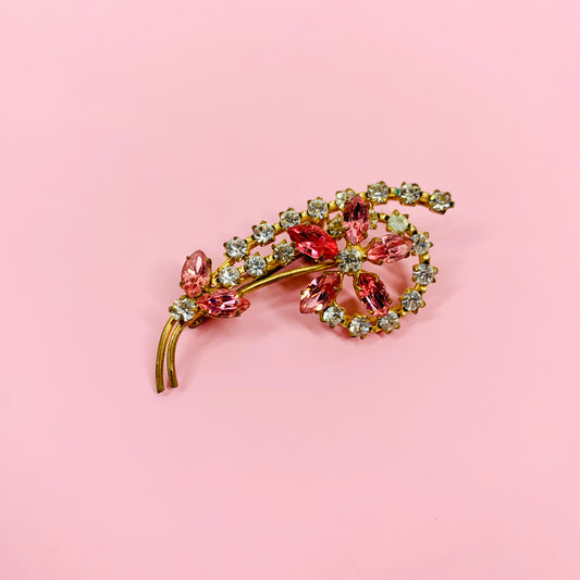 1940s flower brooch with pink & clear glass pastes