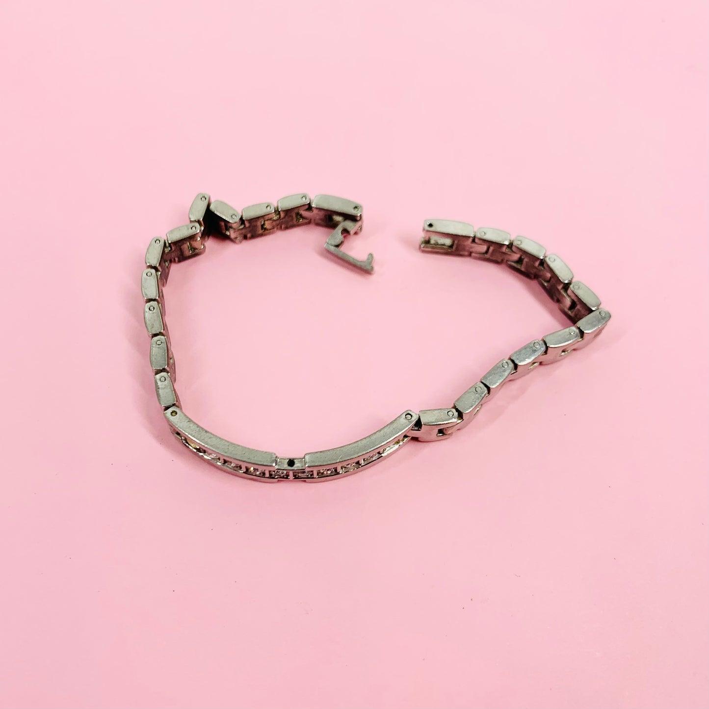 1960s silver plated watch links bracelet with diamanté droplets