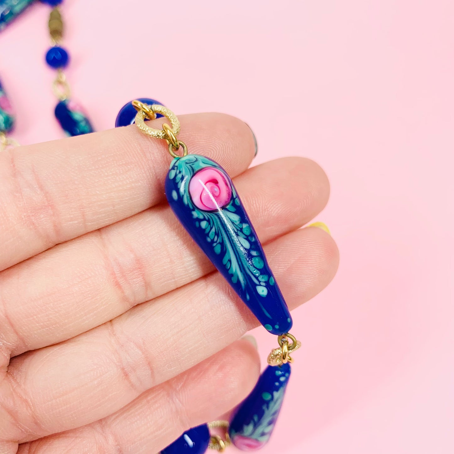 Rare 1950s Murano blue floral glass beads link necklace