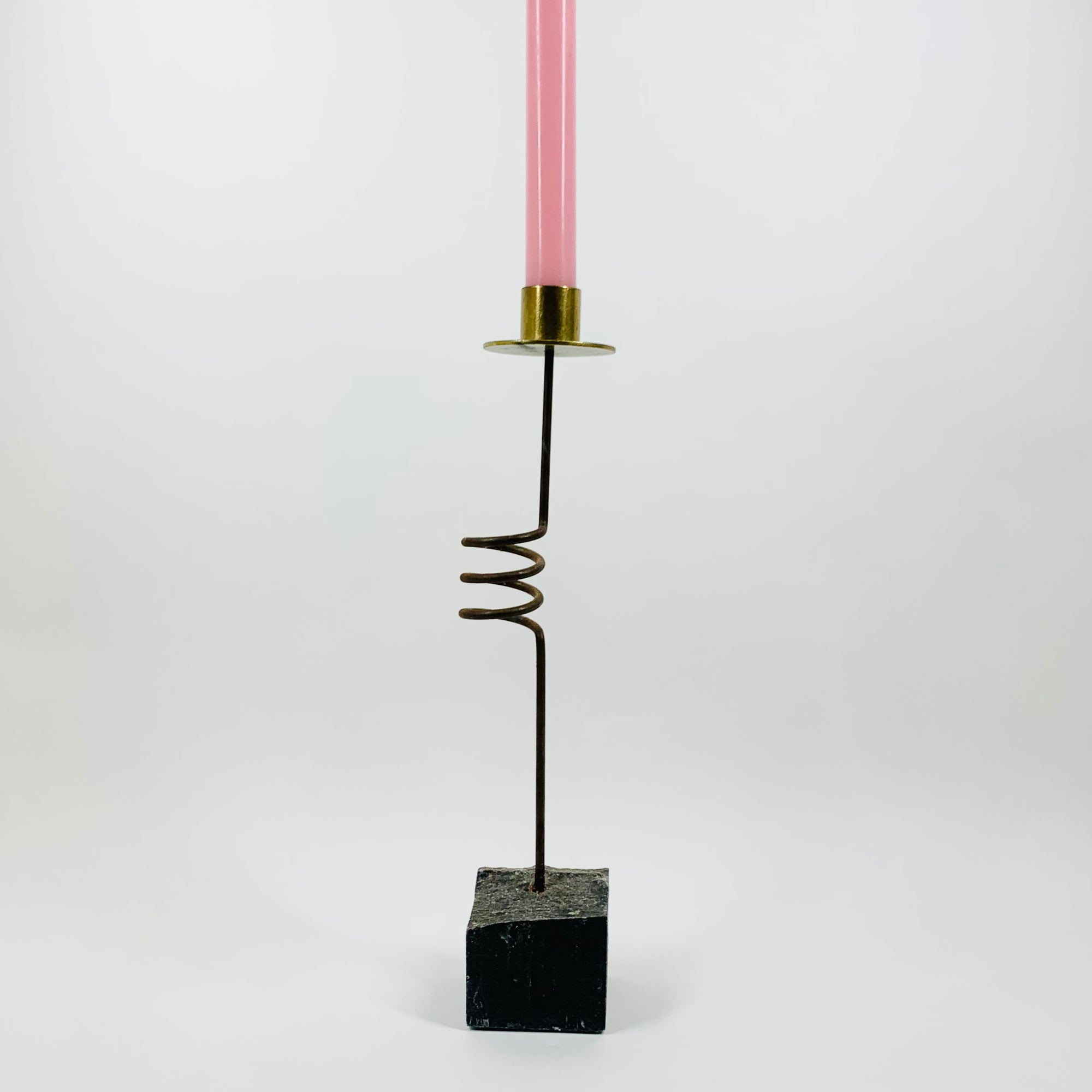 80s Memphis brass nickel abstract candle holder on granite base