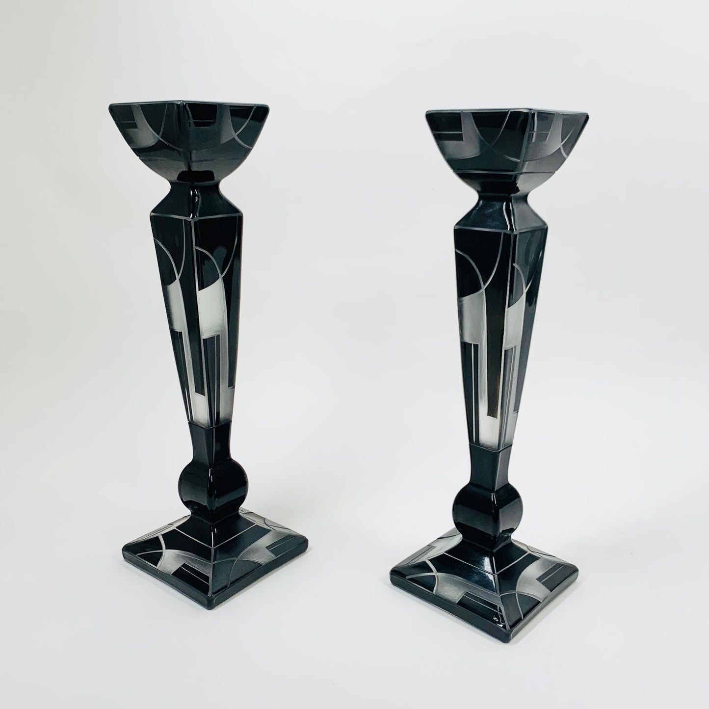 Extremely rare antique Art Dece black enamel frosted glass silver candle sticks by Karl Palda