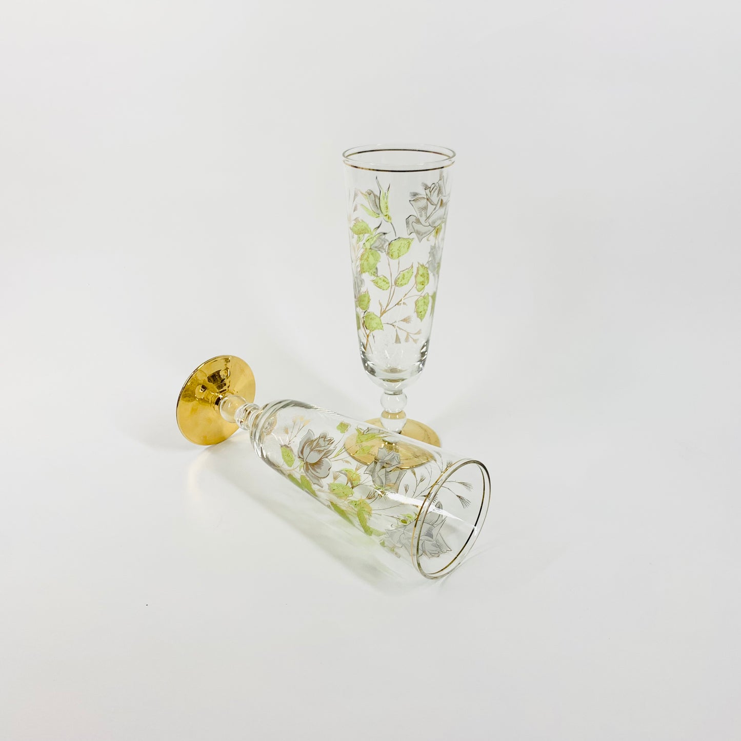 Midcentury hand painted Bohemian glass champagne flutes with gold gilding