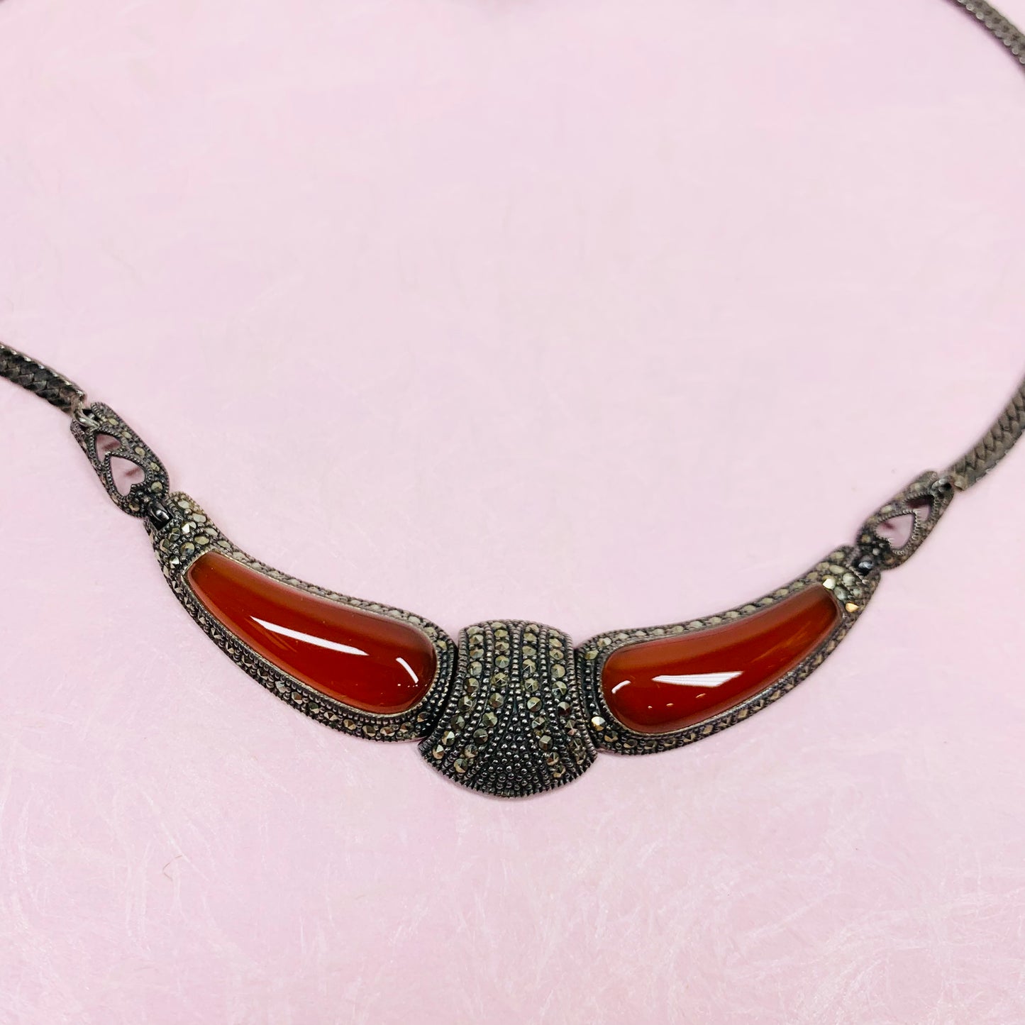 SILVER RED JADE MARCASITE NECKLACE